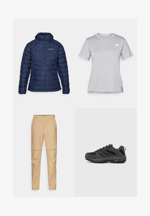 Mørkeblå pufferjakke med glidelås foran, hette og quiltet tekstur. Har en logo på brystet og sidelommer for ekstra funksjonalitet.; Grå kortermet t-skjorte laget av myk, fukttransporterende stoff. Har en rund hals og en liten hvit logo på øvre venstre side.; Beige zip-off cargo-bukser med flatts front, knapplukking og smale ben. Laget av lettvektig stoff med en glatt tekstur.; Columbia REDMOND - Fjellsko - black/citron haze