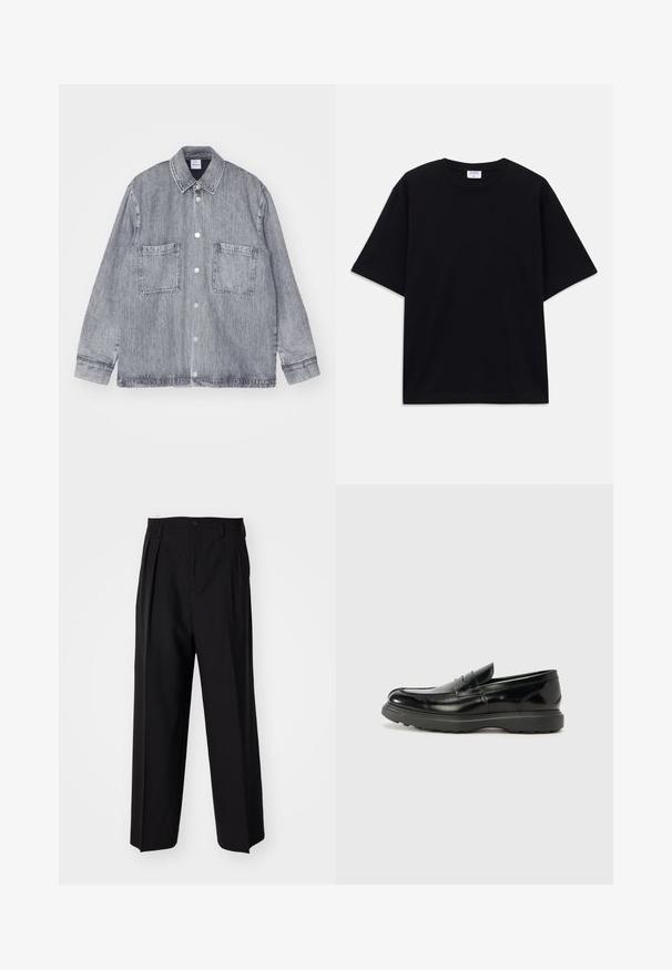 Veste en denim gris clair, avec un devant boutonné, un col et deux grandes poches avant. Tissu texturé avec des détails de couture visibles.; T-shirt noir à manches courtes oversize avec un col rond et une étiquette de marque Filippa K visible à l'intérieur du col.; Pantalons plissés noirs avec un design droit et large. Fabriqués en tissu lisse, avec une fermeture à bouton et des passants de ceinture.; Mocassin en cuir noir avec une finition brillante, bout arrondi, détails de couture subtils et semelle en caoutchouc épaisse pour la durabilité.