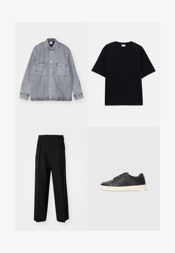 Giacca in denim grigia chiara, con chiusura a bottoni frontale, colletto e due ampie tasche anteriori. Tessuto testurizzato con dettagli di cucitura visibili.; T-shirt oversize nera a maniche corte con scollatura rotonda e etichetta del marchio Filippa K visibile all'interno del colletto.; Pantaloni neri a pieghe con un design dritto e gamba larga. Realizzati in tessuto morbido, con chiusura a bottone e passanti per cintura.; Sneaker in pelle nera con finitura texturizzata, punta rotonda e suola piatta in gomma bianca. Presenta lacci neri e un logo sul tallone.