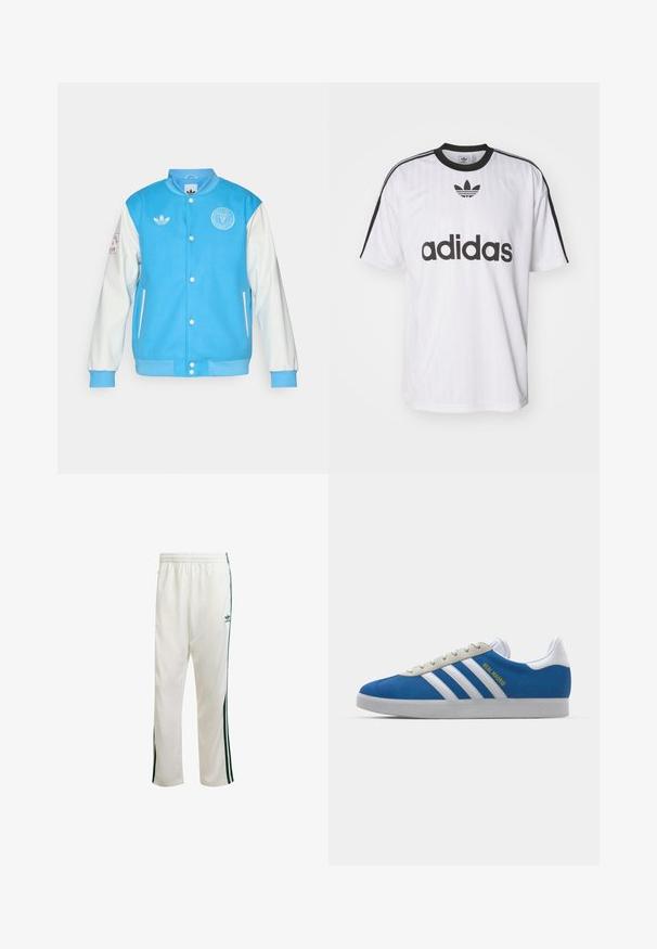 Modrá univerzitní bunda s bílými rukávy, má kulatý límec, zapínání na knoflíky, logo na hrudi a rukávu a žebrované manžety a lem.; Bílý tričko Adidas s černými akcenty, kulatým výstřihem a velkým černým logem na přední straně. Krátké rukávy s černými pruhy. Texturovaná látka.; Bílé sportovní kalhoty se zelenými bočními pruhy, elastickým pasem a logem v levém horním rohu. Vyrobeno z lehkého materiálu.; adidas Originals ADIDAS GAZELLE SHOES - Sálové kopačky - real madrid/bluebird/footwear white/crew yellow