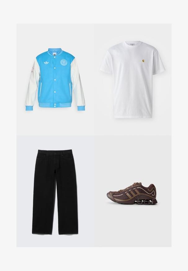 Blaue Varsity-Jacke mit weißen Ärmeln, runder Kragen, Knopfverschluss, Logo auf der Brust und dem Ärmel sowie gerippte Bündchen und Saum.; Weißes Baumwoll-T-Shirt mit kurzen Ärmeln, Rundhalsausschnitt, mit einem kleinen goldenen Logo im linken Brustbereich. Weicher Stoff und normale Passform.; Schwarze Jeans mit weitem Bein aus Denim, ausgestattet mit fünf Taschen, einem vorderen Reißverschluss und kontrastierenden Steppnähten.; Brauner Sportschuh mit Mesh- und Synthetik-Obermaterial, mit drei Streifen, detaillierter Steppnaht, dämpfender Sohle und charakteristischem federndem Absatz.