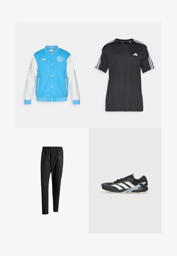 Mėlyna universitetinė striukė su baltais rankovėmis, turi apvalų apykaklę, mygtukų užsegimą, logotipą ant krūtinės ir rankovės bei raukšles ant rankovių ir apačios.; Juodas trumpas rankovėmis marškinėliai su balta trijų juostų dizainu ant pečių ir logotipu ant krūtinės. Pagaminta iš kvėpuojančios medžiagos, lygaus pynimo.; Juodi sportiniai šortai su elastiniu juosmeniu, dviem užtrauktukais šoniniais kišenėmis, siaurėjančiomis kojomis ir subtiliu logotipo detaliu ant klubo.; Juoda sportinė avalynė su baltais dryžiais, tinklinis viršus, apvalus pirštas ir paminkštinta padais. Yra tekstūruota kulno dalis ir saugi raištelių sistema.