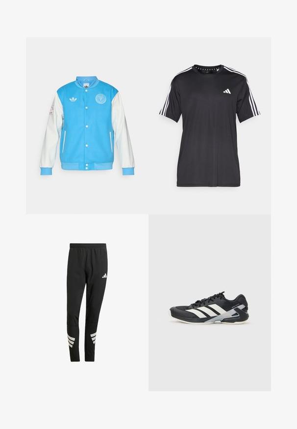 Sininen yliopistotakki valkoisilla hihoilla, jossa on pyöreä kaulus, napitus etuosa, logo rinnassa ja hihassa sekä ribbeillä varustetut hihansuut ja helma.; Mustavalkoinen, lyhythihainen t-paita, jossa on valkoinen kolmiraidallinen design hartioilla ja logo rinnassa. Valmistettu hengittävästä kankaasta, jonka pinta on sileä.; Mustat urheiluhousut joustavalla vyötäröllä, joissa on heijastavia valkoisia yksityiskohtia raidallisena kuviona alhaalla jaloissa. Valmistettu sileästä kankaasta.; Mustat urheilukengät valkoisilla raidoilla, verkkomateriaalia ylhäällä, pyöristetty kärki ja pehmustettu pohja. Varustettu teksturoidulla kantapäällä ja turvallisella nauhoitusjärjestelmällä.