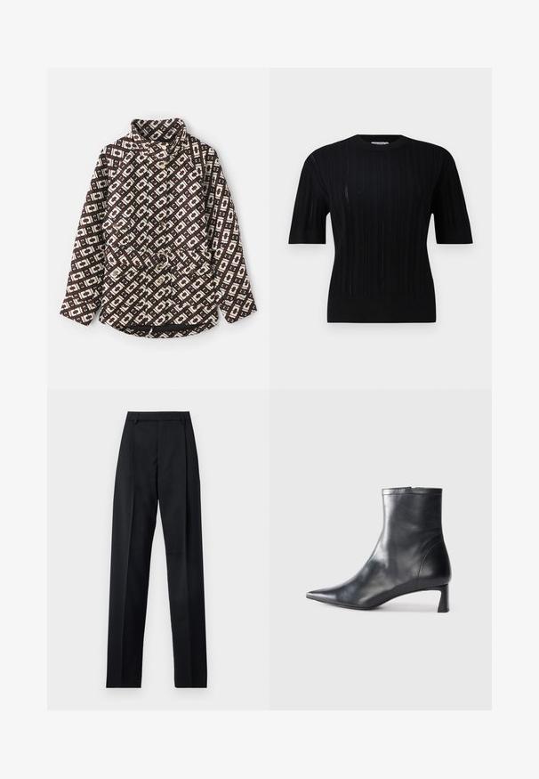 Prinditud jakk pruunis ja kreemjas värvitoonis, millel on geomeetriline muster, kõrge krae, pärlilaadsed nupud ja vöö, millel on metallring.; Filippa K BRAID - Džemper - black; Mustad püksid siledast kangast, millel on kõrge vöökoht, laiad jalad, esimesed kortsud ja klassikalised vööloopid. Küljepockets pole nähtavad.; Mustad mustall nahkasaabas terava nina ja stiilse disainiga. Omab madalat konts ja luku sulgemist taga. Sile tekstuur.