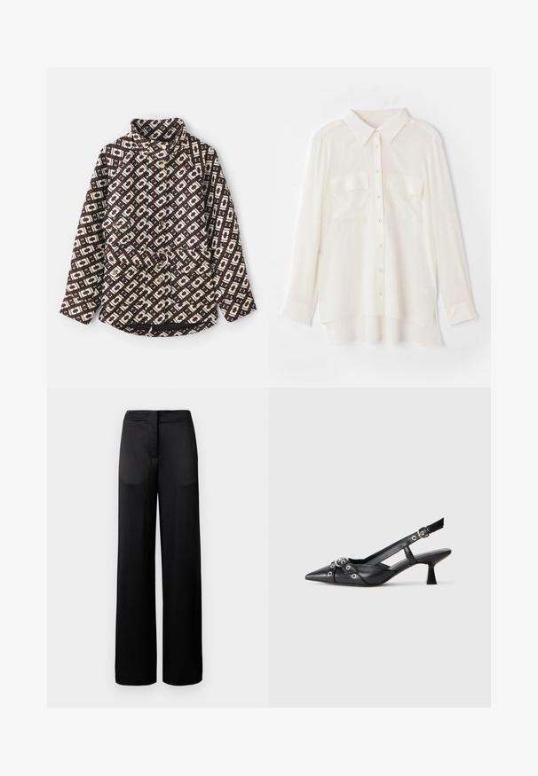 Hnedo-krémový vzorovaný kabát s geometrickým vzorom, vysoký golier, perlové gombíky a opasok s kovovým krúžkom.; Biela košeľa na gombíky vyrobená z ľahkej tkaniny. Má klasický golier, dve náprsné vrecká a mierne dlhší zadný okraj.; Široké čierne nohavice s textúrovaným povrchom, obsahujúce plochý pás a dve bočné vrecká. Tkanina vyzerá ľahko a priedušne.; Čierne kožené slingback topánky s špicatou špičkou, ozdobnými popruhmi s kovovými očkami a nízkym blokovým podpätkom. Textúrovaný povrch.