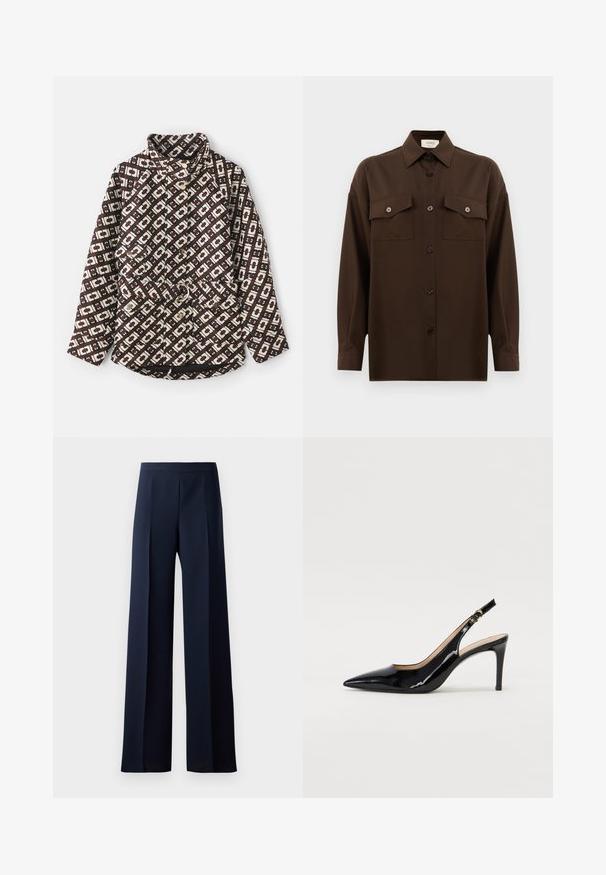 Raštuotas švarkas rudos ir kreminės spalvos su geometriniu raštu, aukšta apykakle, perlais primenančiais mygtukais ir diržu su metaliniu žiedu.; Tamsiai rudas ilgarankovis mygtukų marškiniai su dviem kišenėmis ant krūtinės ir klasikiniais apykakle, pristatomas prieš paprastą baltą foną.; Plati kelnių juodos tamsios spalvos audinys, turintis lygų paviršių, subtilius priekinius raukšlės ir prigludusią liemenėlę, užtikrinančias elegantišką siluetą.; Juodas lakinės odos slingback batelis su smailiu nosiu, plonu kulnu ir subtiliu išpjovos dizainu. Yra auksinė sagtis ant dirželio.