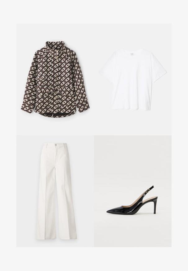 Giacca a motivi in marrone e crema con design geometrico, alto colletto, bottoni simili a perle e vita regolabile con una cintura dotata di anello metallico.; T-shirt bianco in cotone con maniche corte, scollo rotondo, vestibilità comoda e orlo cucito. Etichetta visibile all'interno del colletto.; Pantaloni bianchi a gamba larga realizzati in cotone con una texture liscia. Presentano un bottone anteriore, una zip e un design a quattro tasche.; Pumps slingback in pelle verniciata nera con punta affilata, tacco sottile e un design con ritagli delicati. Caratterizzate da una fibbia dorata sul cinturino.