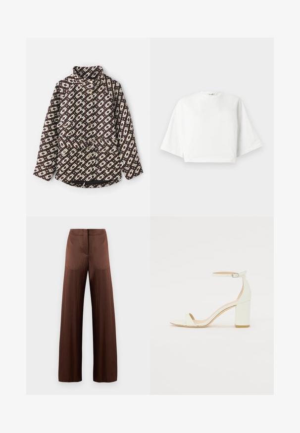 Brūna un krēmīga krāsa ar ģeometrijas rakstu, žakete ar augstu apkakli, pērlēm līdzīgas pogas un josta ar metāla gredzenu.; Balts īsais krekls ar brīvu piegriezumu, platām īsām piedurknēm, apaļu kakla izgriezumu un sānu šķērsojumiem, izgatavots no mīksta kokvilnas auduma.; Brūni platleģi bikses, izgatavotas no gludas, vieglas auduma, ar plakanu fronti, bez kabatām un taisnu siluetu.; Balts ādas blokpārklājs ar siksniņu ap potīti, kurai ir sprādze un minimālistisks dizains. Atvērta purna un gludas virsmas visā apavā.