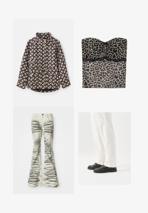 Brūna un krēmīga krāsa ar ģeometrijas rakstu, žakete ar augstu apkakli, pērlēm līdzīgas pogas un josta ar metāla gredzenu.; Lauku leopardu raksta bez piedurknēm augšdaļa ar rupju faktūru, melna mežģīņu apdare apakšā, izgatavota no viegla auduma.; Gaišas toņos flared džinsi ar teksturētām melnām horizontālām svītrām un nolocītām detaļām, ar priekšējiem kabatām un metāla pogas aizdari.; Melni ādas loafers ar gludu tekstūru, šuvju detaļām un apaļu pirkstu daļu, apvienoti ar baltām pielāgotām biksēm.