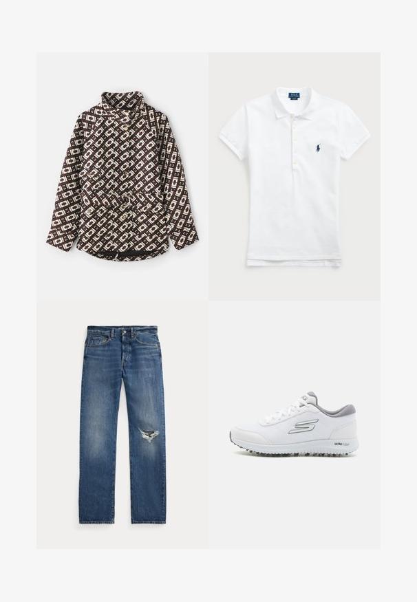Mønstret jakke i brun og creme med et geometrisk design, høj krave, perle-lignende knapper, og en talje med bælte og metalring.; Hvid bomulds-polo med klassisk krave, korte ærmer og et marineblåt broderet logo på venstre bryst. Fem-knaps knaplukning.; Blå denim jeans med medium talje, fem lommer og et hullet slid på højre knæ.; Hvide sportssko med en struktureret mesh-overdel, sølvdetaljer og en let sål med små skridsikre stød, mærket "ULTRA FLIGHT."