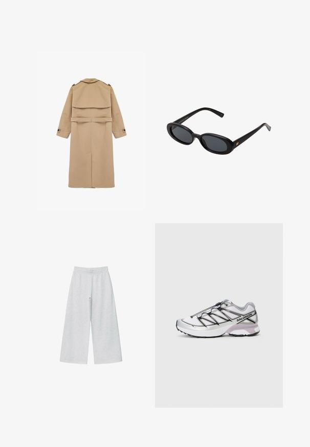 Trench coat beige realizzata in tessuto liscio, caratterizzata da un design doppiopetto, uno spacco sul retro e una vita con cintura, con dettagli a bottoni sulle maniche.; Cardigan cropped grigio chiaro con maniche lunghe, scollo rotondo e cinque bottoni frontali su uno sfondo bianco.; Top in cotone bianco senza maniche, con una texture a coste e scollatura rotonda. Presenta un'etichetta sul collo con la scritta "WEEKDAY".; Pantaloni a gamba larga grigio chiaro realizzati in un morbido tessuto con cintura elastica. Il design presenta una vestibilità ampia per comfort e facilità di movimento.; Scarpa da corsa con una parte superiore in rete bianca leggera, dettagli argentati e sistema di lacci neri; presenta una suola strutturata per la trazione.; Occhiali da sole neri oversize con lenti ovali, montatura in plastica liscia e accenti dorati sulle tempie. Le lenti scure offrono protezione dal sole.; Sciarpa di lana grigia con una texture morbida, forma rettangolare e estremità frangiate, adatta per il calore e per essere stratificata in climi più freddi.; Borsa a tracolla in camoscio marrone scuro con tracolla regolabile, dettagli in metallo color oro e grande chiusura a patta frontale.