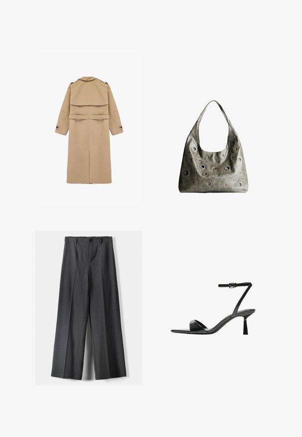 Beiger Trenchcoat aus glattem Stoff, mit doppelter Knopfleiste, Rückenklappe und tailliertem Gürtel mit Knopfakzenten an den Ärmeln.; Weißes T-Shirt mit kurzen Ärmeln, lockerer Passform und gerafftem Stoff an der Taille. Aus weichem, leichtem Material gefertigt.; Weite Beinhosen aus dunkelgrauem Stoff mit Knopfverschluss, vorderen Falten und Gürtelschlaufen. Glatte Textur mit maßgeschneidertem Design.; Bershka High Heel Sandalette - black; Olivgrünes Lederhandtäschchen mit einem lässigen Design, das verschiedene runde Ausschnitte in unterschiedlichen Größen und Akzente in dunkleren und helleren Farbtönen aufweist.