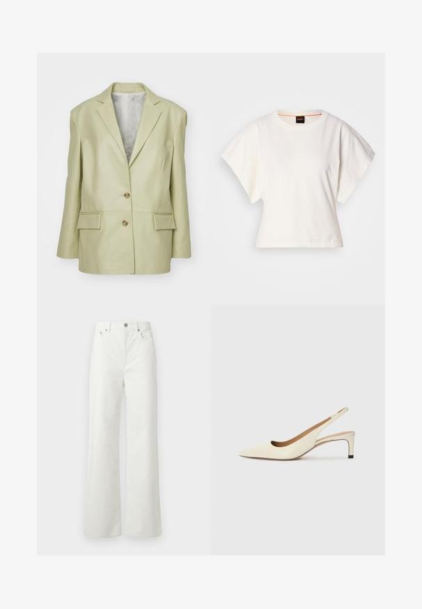 Gaiši zaļš ādas žakets ar izgrieztu atlokiem, divām pogām un divām priekšējām kabatām. Ieceltā struktūra ar gludu tekstūru un pielāgotu piegriezumu.; Balts īsais T-krekls, plašas īsas piedurknes, mīksts kokvilnas materiāls, apaļa kakla izgriezums ar delikātu oranžu apdari, minimāls dizains, bez rakstiem vai grafikām.; Samsøe Samsøe SHELLY - Brīva piegriezuma džinsi - clear cream; Asimtais pirksta siksnas kurpes off-white ādas, ar zemu papēdi un izgrieztu dizainu, gluda tekstūra un minimāli akcenti.