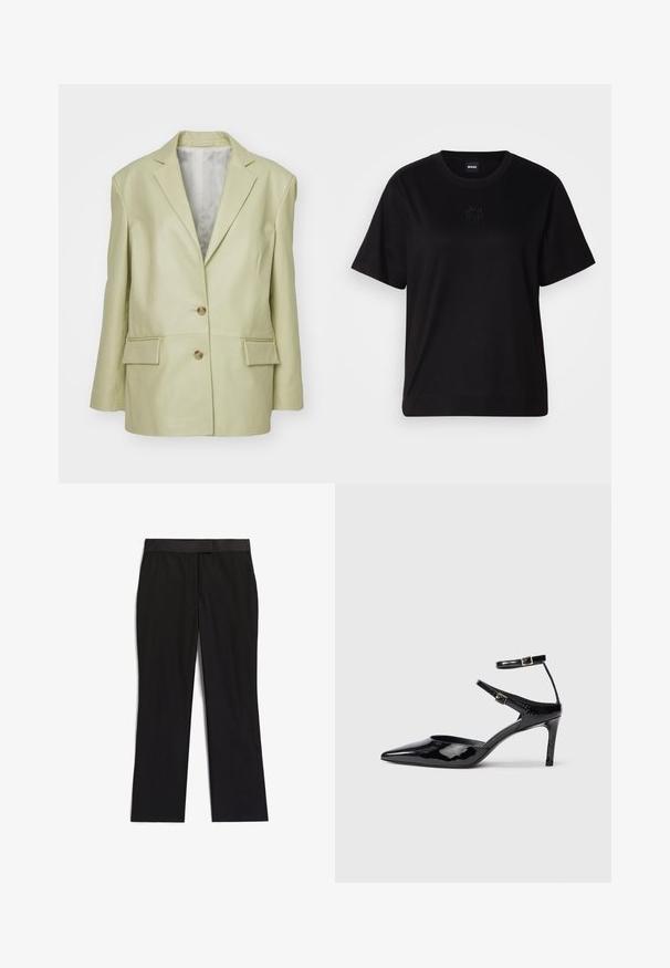 Light green leather blazer with a notched lapel, two buttons, and two front pockets. Features a smooth texture and tailored fit.; Black cotton t-shirt with a crew neckline, short sleeves, and an embroidered logo on the chest. Simple, relaxed fit with no patterns.; Black trousers with a smooth texture, straight leg design, flat waistband, and no visible hardware or patterns.; Black patent leather heels with a pointed toe, adjustable ankle straps, and a slender heel. Smooth texture with a shiny finish.