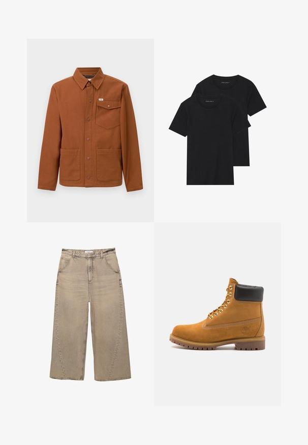 Brown long-sleeve jacket made of sturdy fabric, featuring a button-up front, two large front pockets, and a left chest pocket with a logo.; Two black cotton t-shirts with short sleeves, round necklines, and a smooth texture, displayed stacked together.; PULL&BEAR MEGA BAGGY - Baggy Jeans - light grey; Tan suede ankle boot with black padded collar, gold metal eyelets, white stitching detailing, and rugged rubber sole with pronounced treads.