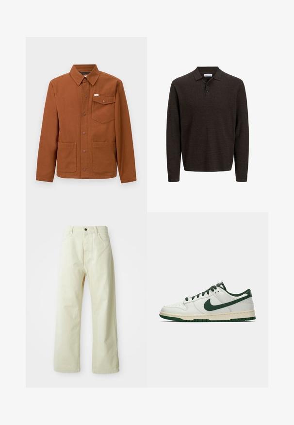 Veste marron à manches longues en tissu robuste, avec un bouton-pression à l'avant, deux grandes poches avant et une poche sur la poitrine gauche avec un logo.; Polo à manches longues marron en tissu texturé. Doté d'un col classique et de trois boutons sur le devant. Coupe décontractée avec des poignets côtelés.; Pantalons larges de couleur jaune clair en denim, dotés d'une fermeture à bouton sur le devant, de cinq poches et d'un design droit sans embellissements.; Baskets basses blanches avec un swoosh Nike vert foncé, des lacets et des accents de semelle, présentées en profil sur un fond blanc uni.