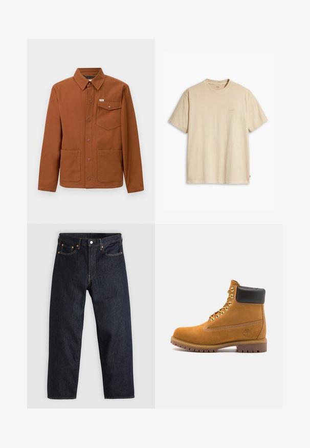 Ruskea pitkähihaine takki, joka on valmistettu kestävästä kankaasta ja jossa on napitettava etuosa, kaksi suurta etutaskua sekä vasemmassa rintataskussa logo.; Beige puuvillane t-särk ümmarguse kaeluse ja lühikeste varrukatega. Rinnal on samas värvitoonis tähelepandamatu "Levi's" logo. Pehme tekstuur.; Tummansinisiä farkkuja, joissa on suora leikkaus, viisi taskua, kontrastiväriset oranssit tikkaukset ja napitus. Ei näkyviä kuvioita tai koristeita.; Valkoinen nahkainen nilkkuri mustalla pehmustetulla kauluksella, kultaisilla metallisilla rei'illä, valkoisella ompeluksella ja jykevällä kumipohjalla, jossa on selvästi näkyvät urat.