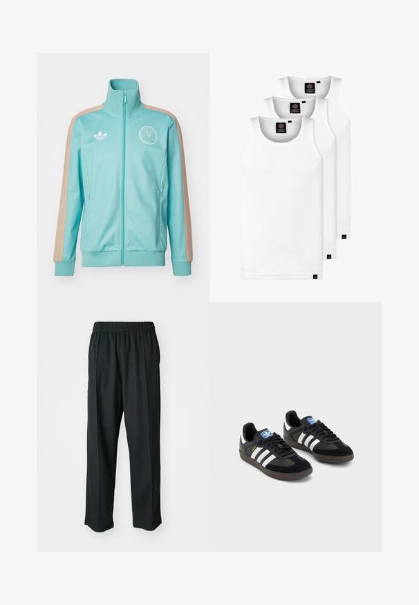 Lysblå sporty zip-up jakke med orange striber og ribbede manchetter. Har et logo på brystet og sidelommer.; Tre hvide ribbede tanktops lavet af bomuld. Har en rund hals og små sorte mærker nær sømmen. Fås i flere størrelser.; Sorte træningsbukser med elastisk talje, lavet af glat stof, med diskrete sidesyninger og en afslappet pasform, lige ben design.; Sorte sneakers med en overdel i ruskind og syntetisk materiale, med tre hvide striber, struktureret gummisål og en blå logoetiket på tungen.