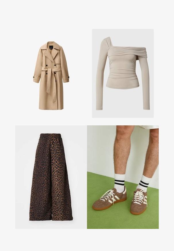 Bež trench kaput od glatke tkanine, s dvostrukim kopčanjem sprijeda, širokim reverima, pojasom u struku i dugmadima na rukavima.; Bež majica dugih rukava s dizajnom off-the-shoulder, s nabranom teksturom i prianjajućim siluetom. Glatka, rastezljiva tkanina.; Hlače širokog kroja od glatke tkanine, s smešnim pozadinom i uzorkom crnih leopardovih mrlja, te elastičnim pojasom.; Smeđe nubuk tenisice s bijelim detaljima i vezicama. Gumeni potplat. Nosene s bijelim čarapama s crnim prugama. Zeleno teksturirano pod.