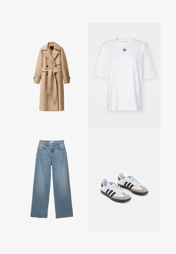 Bež trench kaput od glatke tkanine, s dvostrukim kopčanjem sprijeda, širokim reverima, pojasom u struku i dugmadima na rukavima.; Bijela kratka majica s kratkim rukavima izrađena od pamuka. Ima okrugli izrez i mali crni Adidas logo na prsima. Ravni rub.; Svijetloplave traperice širokih nogavica izrađene od denima. Imaju visoki struk, pet džepova i ravne nogavice s minimalnim izbljeđenjem.; Sportske cipele s gornjištem od bijele kože, sivi suedinasti nos i tri crne pruge. Imaju plavi logo na jeziku i teksturiranu gumenu podlogu.