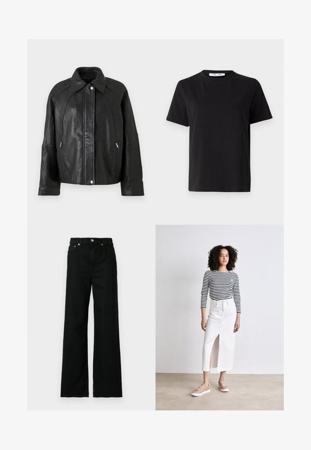 Jaqueta de couro preta com um acabamento texturizado, apresentando um colarinho, bolsos com fecho éclair e costuras em destaque.; T-shirt preto de manga curta feito de algodão suave, com decote redondo, ajuste descontraído e uma textura suave. Sem padrões ou gráficos visíveis.; Jeans de denim preto com uma cintura alta, corte largo, apresentando um fecho frontal com botão e zip e um design clássico de cinco bolsos.; Saia de ganga branca com uma fenda frontal, combinada com uma camisa de mangas longas às riscas em preto e branco e ténis bege. Design plano e casual.