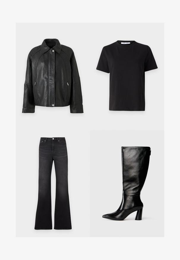 Melnas ādas jakas ar strukturētu apdari, piedāvājot apkakles stilā, rāvējslēdzēju kabatas un izteiksmīgas šuvju detaļas.; Melna īsām piedurknēm T-kreklu, kas izgatavots no mīksta kokvilnas, ar apļveida kakla izgriezumu, brīvu piegriezumu un gludu tekstūru. Nav redzamu rakstu vai grafikas.; Melnas zvana stila džinsa bikses no džinsa auduma, ar augstu jostasvietu, piecu kabatu dizainu un vieglu izbalējumu pie kāju apakšas.; Ceļgala augstumā melnas ādas zābaki ar saplacinātu purngalu, gludu tekstūru un masīlu papēdi. Aizmugurē ir rāvējslēdzēja detalizācija.