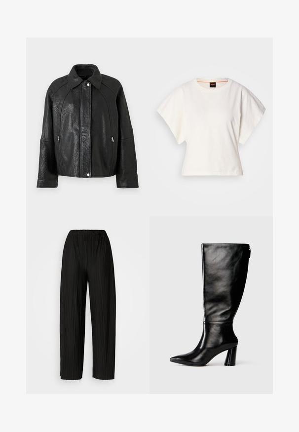Musta nahkatakki, jossa on teksturoitu pinta, varustettuna kauluksella, vetoketjullisilla taskuilla ja näkyvällä saumadetaileilla.; Valkoinen lyhythihainen t-paita, leveät lyhyet hihat, pehmeää puuvillamateriaalia, pyöreä pääntie jossa hienovarainen oranssi reunus, minimaalinen muotoilu, ei kuvioita tai graafisia elementtejä.; Mustat leveälahkeiset housut, joissa on joustava vyötärö. Kankaassa on pystysuoria poimuja ja sileä pinta.; Mustat nahkasaappaat, joissa on terävä kärki, sileä pinta ja paksu korko. Takana on vetoketjuyksityiskohta.