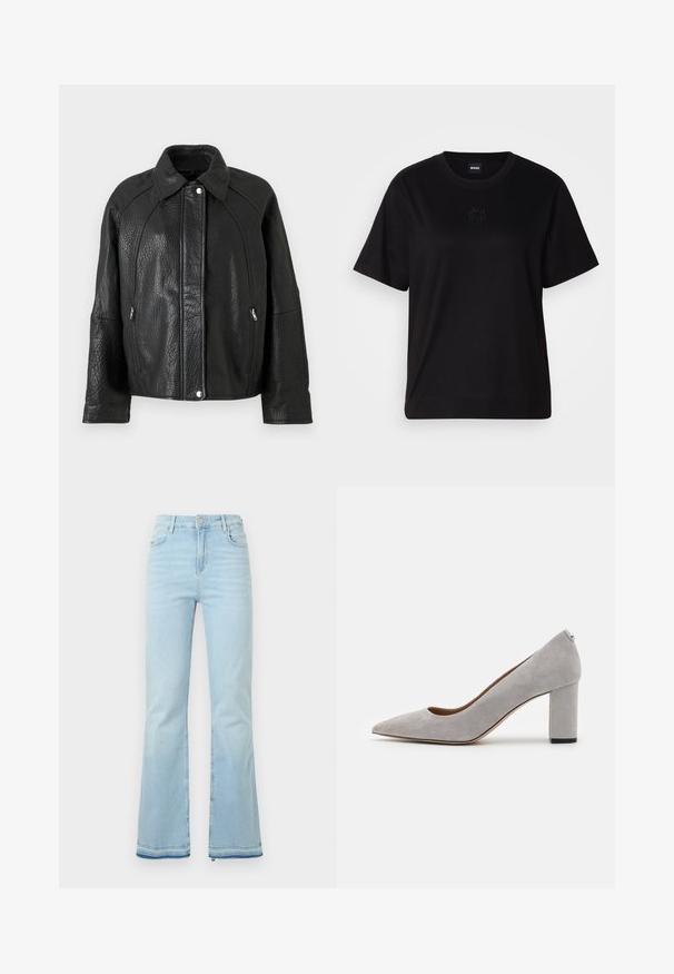 Juodas odinis švarkas su tekstūru, turintis apykaklę, užtrauktukų kišenes ir ryškius siūlių akcentus.; Juodas medvilninis marškinėliai su apvalia iškirpte, trumpomis rankovėmis ir siuvinėjimu ant krūtinės. Paprastas, laisvas siluetas be raštų.; Šviesiai mėlyni, platėjantys džinsai pagaminti iš denimo, su aukštu juosmeniu, priekinėmis kišenėmis ir nelygiais apačiais, suteikiančiais kasdišką išvaizdą.; Pilko zomšo puspirštis su smailiu pirštu ir dideliu kulnu. Pasižymi lygiu paviršiumi ir subtilia kulno akcentu, kuris suteikia stabilumo.