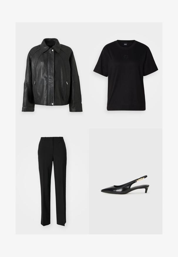 Jachetă de piele neagră cu un finisaj texturat, având un guler, buzunare cu fermoar și detalii proeminente de cusătură.; T-shirt negru din bumbac, cu guler rotund, mâneci scurte și un logo brodat pe piept. Design simplu, cu o croială relaxată și fără modele.; Pantaloni negri tailor-ed cu un design drept, având o textură fină și cute clare pe față. Fără elemente de prindere vizibile.; Sandale slingback din piele neagră cu vârf ascuțit, având un toc subțire și un accent de culoare aurie pe curea ajustabilă. Textură netedă.