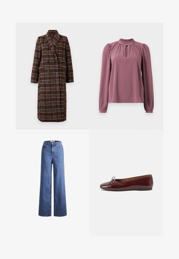 Cappotto lungo doppiopetto a quadri marrone con colletto a bavero, bottoni neri e tasche a soffietto, esposto su uno sfondo bianco.; Blusa a maniche lunghe in malva con colletto arricciato, scollatura a chiave con chiusura a bottone e spalle leggermente gonfie.; Jeans ampia in denim azzurro chiaro con vita alta, due tasche anteriori e cuciture in vista. Presentano una chiusura con bottone e zip.; Ballerine in pelle verniciata bordeaux con punta arrotondata, piccolo fiocco decorativo sulla parte anteriore e suola bassa in gomma nera. Texture liscia.