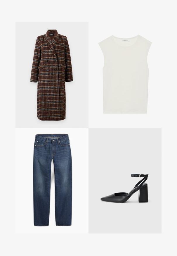Długi brązowy płaszcz w kratę z podwójnym zapięciem, z klapami, czarnymi guzikami i kieszeniami z klapami, wyeksponowany na białym tle.; Biała bezrękawnik z okrągłym dekoltem. Wykonana z gładkiego materiału, ma luźny krój i minimalistyczny design. Bez wzorów ani akcentów.; Ciemnoniebieskie dżinsy denimowe o prostych nogawkach. Posiadają zapięcie na guzik, pięć kieszeni oraz subtelne wyblaknięcia materiału.; Czarne skórzane czółenka z ostrym noskiem, z paskiem na kostce i grubym obcasem. Gładka faktura, elegancki design i minimalistyczna estetyka.