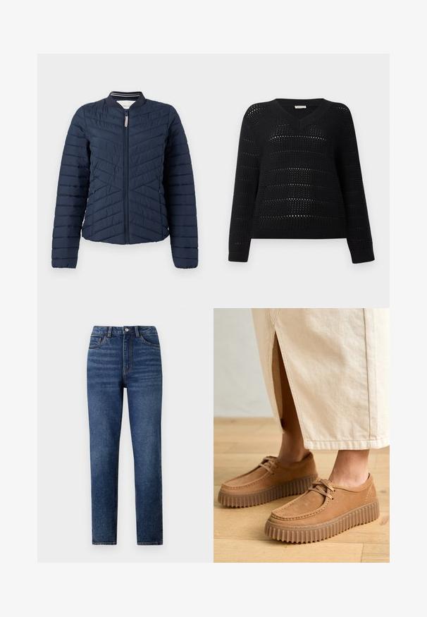 Jūras spēku pildīts bomber jakas ar vertikālu quilted dizainu, ribota apkakle un rāvējslēdzēja priekšēja aizdare. Gluda auduma tekstūra ar elastīgām piedurknēm.; TOM TAILOR DENIM V NECK - Džemperis - deep black; Augstās jostasvietas zila džinsinga bikses ar taisnu kāju, ar smalku izbalējumu, vienu pogu aizdari un piecu kabatu dizainu.; Brūni ādas apavi ar teksturētu virsmu, apaļu purngalu un bieziem, rievotiem zoliem. Šnīres un šuvju detaļas papildina dizainu.