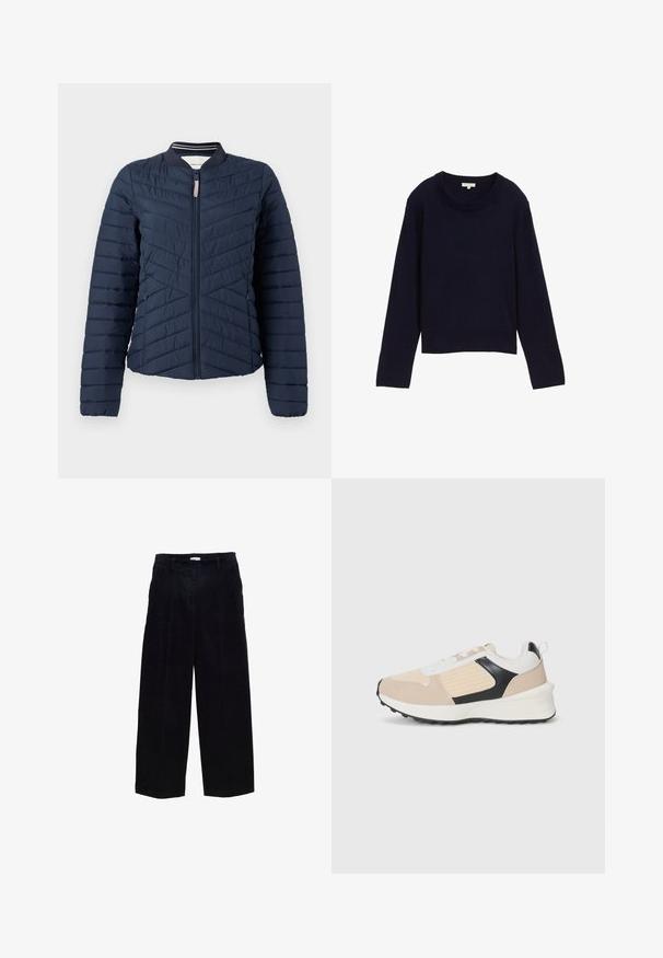Marineblå polstret bomberjakke med vertikal quiltet design, ribbet krave og lynlåslukning. Glat stofstruktur med elastiske manchetter.; Marineblå, ribbet striktrøje med lange ærmer og rund halsudskæring, der har et crop-design og strækbart, tekstureret stof.; Marineblå kordfløjls bukser med bred ben, lige snit, forkant plisseringer og en subtil tekstur. Har bæltestropper og metallynlås.; Sneakers med et overdel i beige ruskind, sorte detaljer, hvide snørebånd og en struktureret beige sidepanel. Tykn midtersål i hvid og sål i sort.