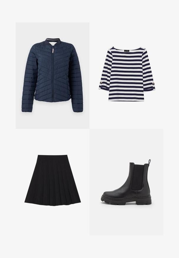 Mornarska podložena bomberska jakna z vertikalnim pikčastim dizajnom, rebrastim ovratnikom in zadrgo spredaj. Gladka tekstura tkanine z elastičnimi manšetami.; Mornarsko modra in bela črtasta majica z dolgimi rokavi, z vratnim izrezom v obliki čolna in zlatimi gumbi na zavihkih rokavov. Mehka tkanina, sproščen kroj.; Črna plisirana krila iz strukturiranega materiala s prilegajočim pasom. Segajo do kolen in ponujajo gladko, čisto silhueto.; Črne usnjene gležnjarje z elastiko na straneh, zaobljenim prstom in teksturiranim gumijastim podplatom. Imajo zanko na zadnji strani za enostavno obuvanje.