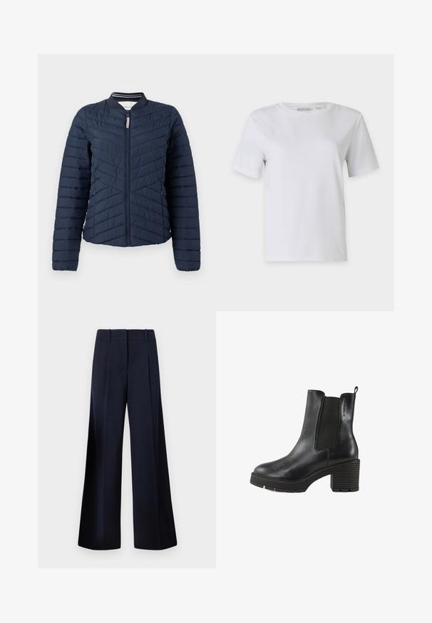 Mornarica podstavljena bomber jakna s vertikalnim izvezenim dizajnom, rebrastim ovratnikom i zatvaranjem na zip. Glatka tekstura tkanine s elastičnim manžetama.; Bijela kratka majica s kratkim rukavima od glatkog pamuka. Ima okrugli izrez i ravni rub, bez uzoraka ili ukrasa.; TOM TAILOR LEA WIDE - Hlače - sky captain blue; Crne kožne gležnjače s elastičnim bočnim dijelovima, masivnim teksturiranim potpeticama i vučnim rukohvatom. Okrugli vrh i izraziti rebrasti potplat.