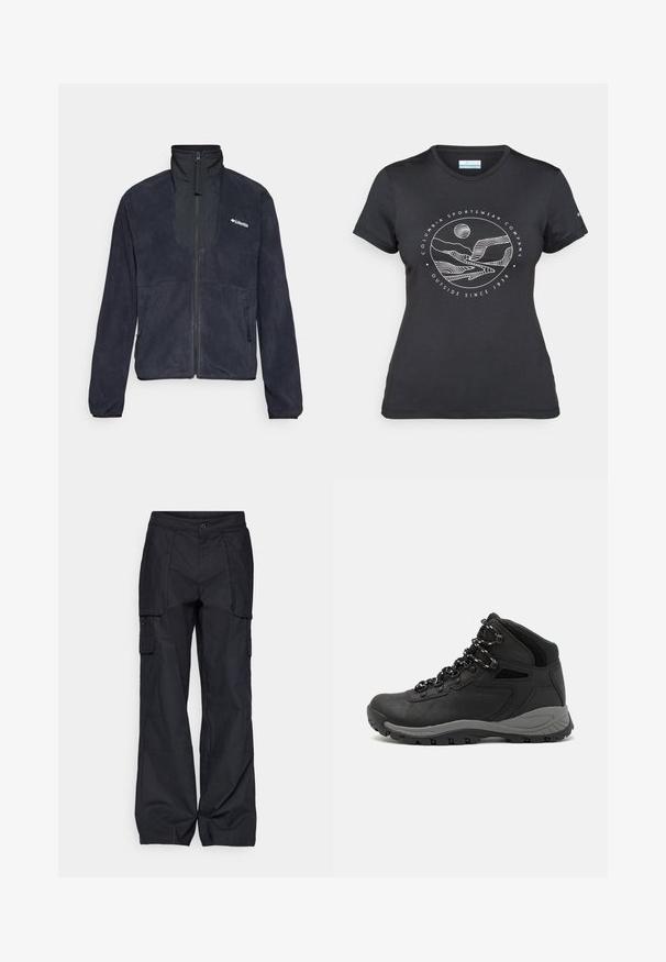 Donkerblauwe fleecejas met hoge kraag, volledige rits en twee zijzakken. Heeft een gladde textuur en een logo op de bovenste linkerzijde.; Zwarte Columbia t-shirt met witte cirkelvormige lijntekening van bergen en een rivier en de tekst "Columbia Sportswear Company Outside Since 1938."; Columbia BREA FALLS™ COTTON RIPSTOP PANT - Outdoorbroeken - black; Zwarte wandelschoen met een mid-top ontwerp, voorzien van een gestructureerde bovenkant, grijze accenten en een duurzame rubberen zool met gripnoppen.