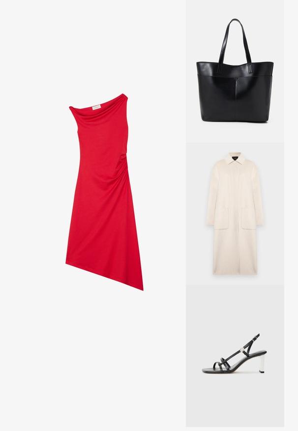 Beżowy wełniany płaszcz z kołnierzykiem, zapięciem na guziki z przodu, dwiema dużymi kieszeniami i rękawami do łokcia. Prosta, prosta sylwetka.; Czerwona sukienka na jedno ramię wykonana z gładkiego materiału. Posiada marszczony wzór w talii oraz asymetryczny dół.; Czarne sandały na obcasie z wieloma wąskimi paskami, z elastycznym zapięciem na pięcie i srebrnym akcentem na obcasie. Gładki materiał wierzchni i kwadratowy obcas.; Czarna skórzana torba na ramię z dwoma długimi uchwytami, gładką teksturą i sztywną formą. Posiada przednią kieszeń dla dodatkowego przechowywania.