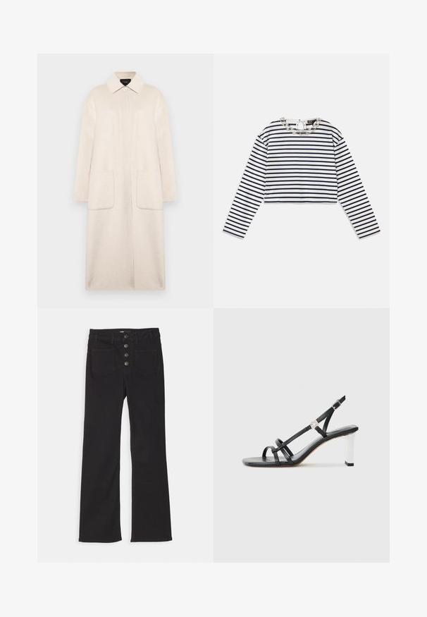 Cappotto in lana beige con colletto, chiusura frontale con bottoni, due tasche grandi e maniche a lunghezza gomito. Silhouette semplice e dritta.; Top a maniche lunghe a righe bianco e blu navy, design cropped con scollatura rotonda e dettaglio decorativo in catena argentata al colletto.; Jeans neri in denim a zampa d'elefante con vita alta, design a cinque tasche e chiusura frontale con quattro bottoni metallici.; Sandali neri con tacco alto caratterizzati da molteplici cinghie sottili, design slingback e un accento in argento sul tacco. Materiale superiore liscio e tacco quadrato.
