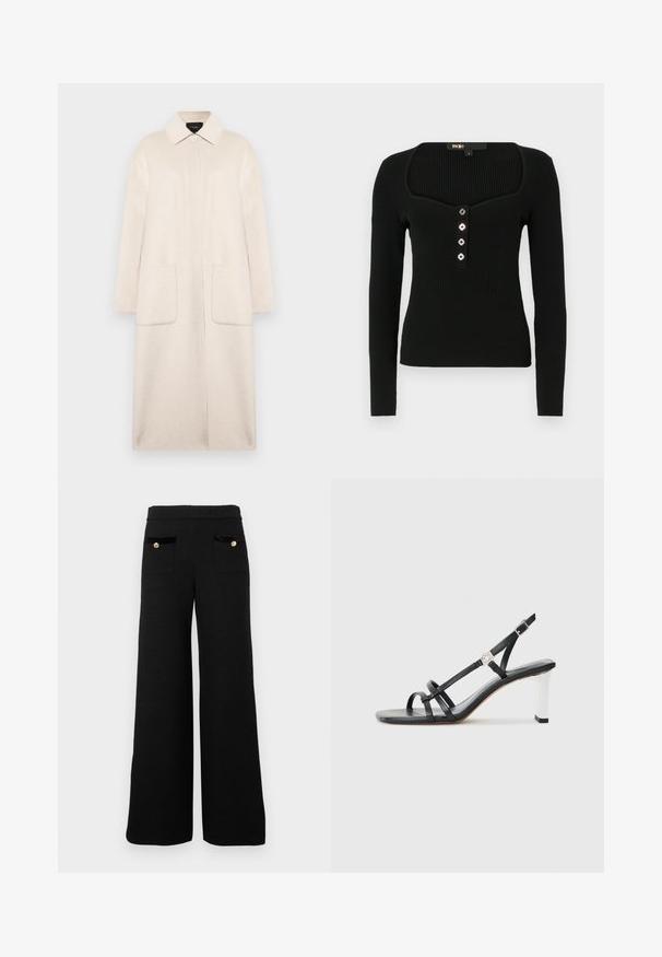 Beige wollen jas met een kraag, een sluiting met knopen aan de voorkant, twee grote zakken en mouwen tot aan de elleboog. Eenvoudig, recht silhouet.; Zwart lange mouwen geribbelde top met een vierkante halslijn en vijf decoratieve knopen aan de voorkant voor sluiting.; Zwarte wijde broek gemaakt van textuurstof, met twee voorzakken met zwarte fluwelen accenten en gouden knopen.; Zwarte hakken sandalen met meerdere smalle banden, een slingback ontwerp en een zilveren accent op de hak. Glad bovenmateriaal en vierkante hak.