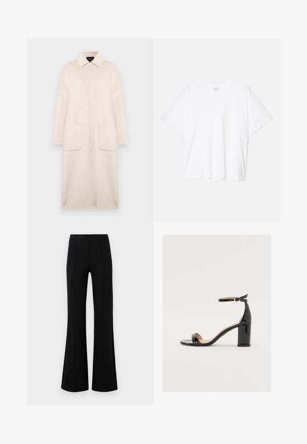 Beige Wollmantel mit einem Kragenhals, Frontknopfverschluss, zwei großen Taschen und ärmellangen Ärmeln. Schlichte, gerade Silhouette.; Weißes Baumwoll-T-Shirt mit kurzen Ärmeln, runder Halslinie, lockerer Passform und genähtem Saum. Etikett sichtbar am inneren Kragen.; Schwarze Schlaghose mit hoher Taille, aus dehnbarem Material. Mit vertikalen Nahtdetails auf der Vorderseite und einer glatten Textur.; Schwarze Lackleder-Sandalette mit weitem Absatz, offener Zehenpartie und Knöchelriemen mit goldener Schnalle. Glatte Textur und elegantes Design.