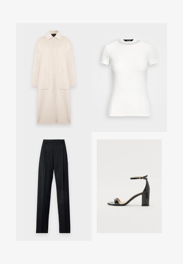 Beige gyapjú kabát, galléros nyakkivágással, elöl gombos záródással, két nagy zsebbel és könyökig érő ujjakkal. Egyszerű, egyenes sziluett.; Fehér pamut póló rövid ujjakkal, kerek nyakkal, fazonra szabott kialakítással és sima textúrával. Logó címke a nyakkivágásnál.; Fekete nadrág sima anyagból, magas derékkal, széles lábakkal, elülső redőkkel és klasszikus övhurkokkal. Oldalzsebek nem láthatók.; Fekete lakkbőr szandál széles sarokkal, nyitott orral és bokapánttal, amelyen arany csat található. Sima felület és elegáns dizájn.