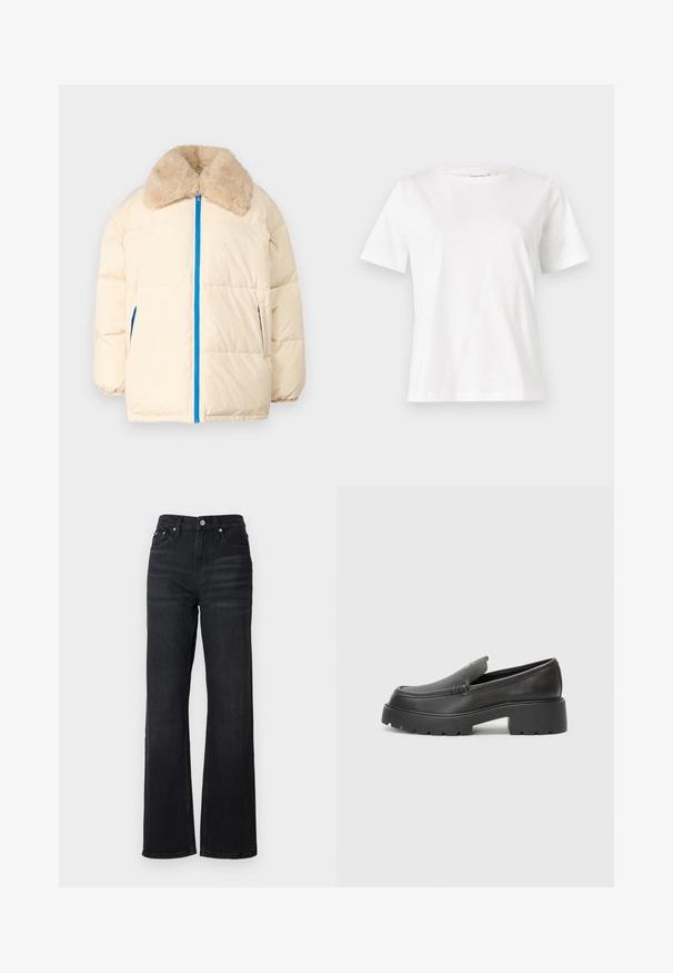 Kreminė pūkinė striukė su dirbtiniu kailiniu apykakle, mėlynu užtrauktuku ir šoninėmis kišenėmis. Savybės: siuvinėtas dizainas ir laisvas siluetas.; Balta medvilninė marškinėliai trumpomis rankovėmis, su apvalia iškirpte ir laisvu siluetu. Lygi tekstūra, be raštų ar akcentų, minimalistinis dizainas.; Juodas denimo plačių kojų džinsai su aukštu liemeniu, penkių kišenių dizainu ir sidabro spalvos metalo sagute. Audinys turi lygų paviršių ir šiek tiek tamprumo.; Juodi odiniai loaferiai su apvaliu pirštu, storu tekstūruotu padu ir minimaliu siūlių dekoru. Išskirtinis dizainas be matomų raištelių ar furnitūros.