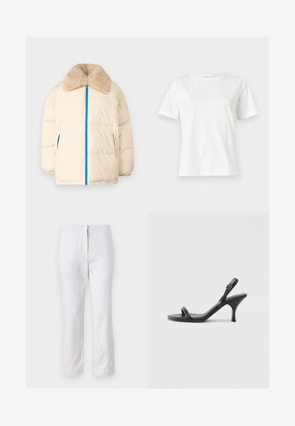 Cream puffer jacket with a faux fur collar, blue zipper, and side pockets. Features a quilted design and relaxed silhouette.; White cotton t-shirt with short sleeves, round neckline, and a relaxed fit. Smooth texture, no patterns or accents, minimalistic design.; White cotton pants with a straight leg design, featuring a mid-rise waist and no visible hardware or patterns. Smooth texture throughout.; Black leather high-heeled sandals with a slim, curved heel and a crossed strap design. Adjustable ankle strap. Smooth texture.