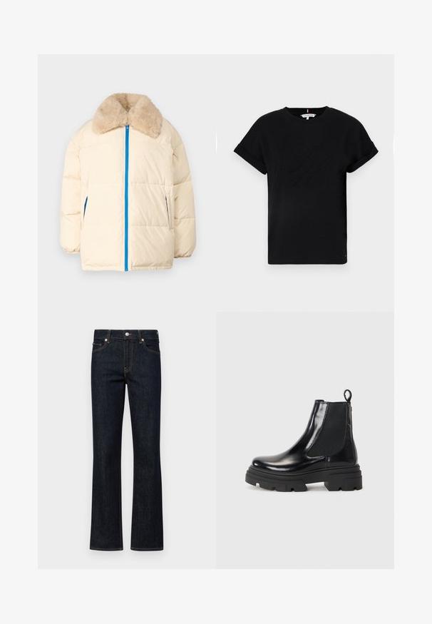 Doudoune créme avec col en fausse fourrure, fermeture éclair bleue et poches latérales. Comprend un design matelassé et une silhouette décontractée.; T-shirt en coton noir avec des manches courtes roulées, ornée d'un logo en relief au centre et d'un petit accent drapeau sur le côté.; Jean foncé évasé en denim, avec une taille mi-haute, un style à cinq poches et des coutures orange contrastantes le long des coutures.; Bottines en cuir noir à la conception élégante, avec panneaux élastiques sur les côtés et une semelle épaisse noire. Dotées d'une tirette à l'arrière pour un enfilage facile.