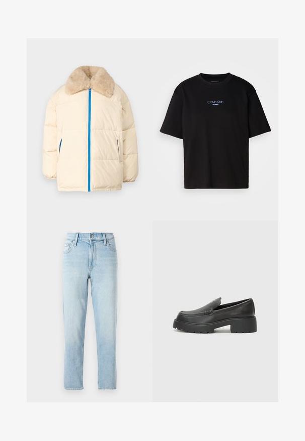 Kremfarget pufferjakke med falsk pelskrage, blå glidelås og sidelommer. Har en quiltet design og avslappet silhuett.; Sort bomull t-skjorte med rund hals, korte ermer, og blå brodert "Calvin Klein JEANS" logo på forsiden.; Lyseblå denimjeans, rett ben-design, midjehøyde, med fem lommer og en knappelukking foran.; Sorte skinnloafers med rund tå, tykk teksturert såle og minimale sømdetaljer. Strømlinjeformet design uten synlige snørebånd eller hardvarer.