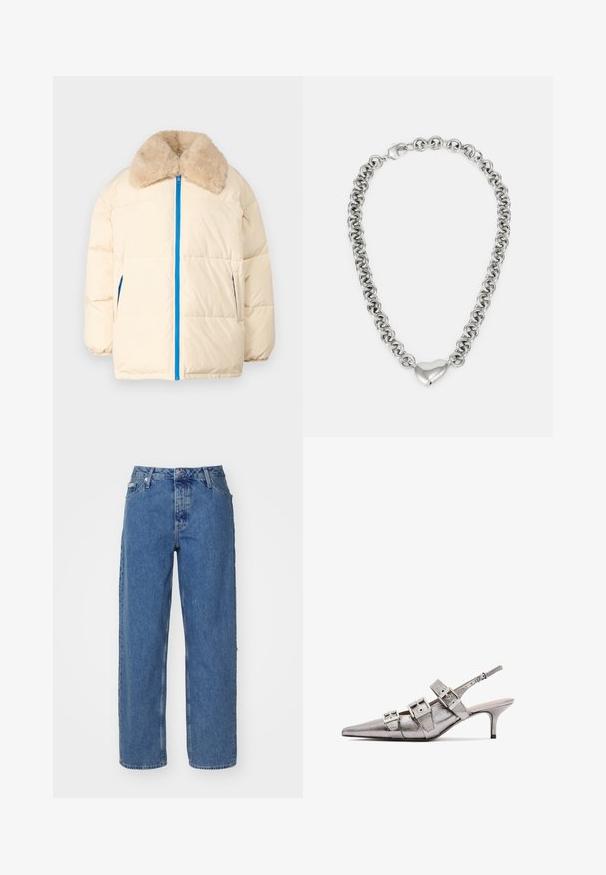 Cream puffer jacket with a faux fur collar, blue zipper, and side pockets. Features a quilted design and relaxed silhouette.; Light pink cotton t-shirt with a crew neck, featuring a silver embroidered "Calvin Klein" logo and subtle "CK" design on the chest.; Light blue denim jeans with a high waist, straight leg design, five-pocket styling, and slightly faded texture. Rivet and button closure.; Metallic silver slingback heel with pointed toe, featuring three wide straps and square metallic buckles. Glossy texture and slim heel.; Silver chain necklace featuring interconnected round links and a polished heart-shaped accent in the center. Secure clasp included.