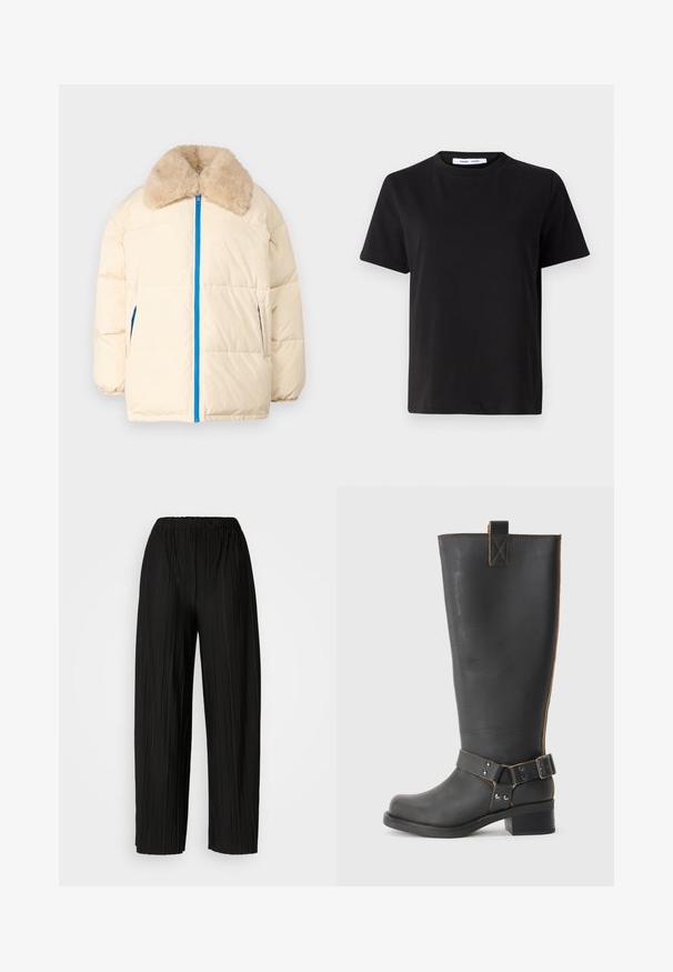 Krémová pufová bunda s umelým kožuchom, modrým zipsom a bočnými vreckami. Obsahuje prešívaný dizajn a uvoľnený strih.; Čierne tričko s krátkym rukávom vyrobené z mäkkej bavlny, s okrúhlym výstrihom, uvoľneným strihom a hladkou štruktúrou. Žiadne viditeľné vzory ani grafika.; Čierne plisované nohavice s širokými nohavicami a elastickým pásom. Tkanina má vertikálne plisovanie a hladkú textúru.; Čierna kožená čižma po kolená s textúrovaným povrchom, obsahujúca postranný akcent s prackou a nízkym opätkom. Podrobné prešitie pozdĺž švov.