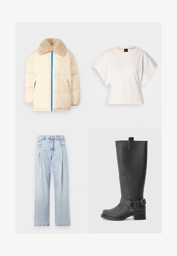 Krämfärgad pufferjacka med krage i konstpäls, blå dragkedja och sidofickor. Har en kviltad design och avslappnad silhuett.; Vit kortärmad T-shirt, korta vida ärmar, mjukt bomullsmaterial, rund halsringning med subtila orange detaljer, minimal design, inga mönster eller grafik.; Ljust blå denimjeans med hög midja, vida ben, två sidofickor och veckad design. Mjuk textur med en blekt finish.; Svart läderknähöga stövlar med en texturerad finish, som har en sidobuckla och en låg klack. Detaljerad sömnad längs sömmarna.