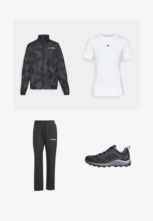 Casaco leve preto com colarinho alto, fecho de zíper e padrão geométrico. Apresenta o logotipo "TERREX" em branco no lado superior esquerdo.; Camisola atlética branca com mangas curtas, feita de tecido liso e elástico. Apresenta um pequeno logotipo preto da Adidas no peito.; Calças leves pretas com uma cintura elástica. Apresenta um discreto logótipo "TERREX" em branco. Tecido suave e design de perna reta.; Tênis esportivos pretos com detalhes cinzas, superior em malha sintética, sola acolchoada, sistema de atacadores e solado texturizado para tração.