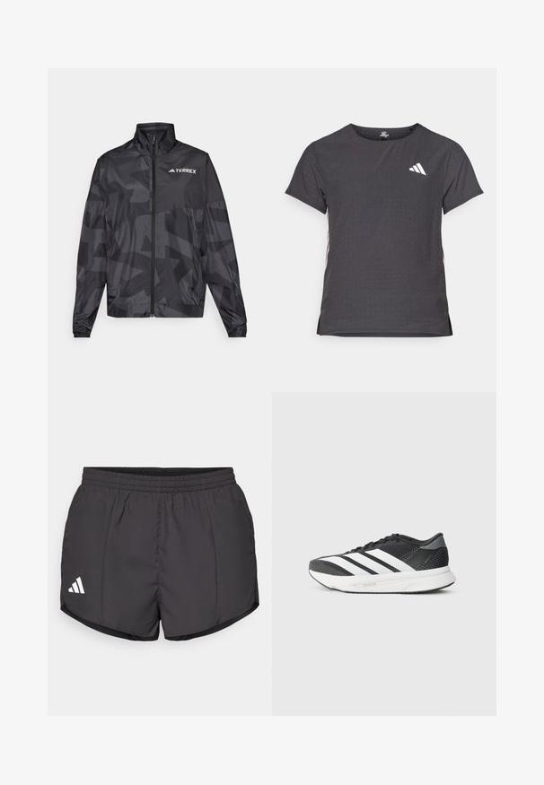 Svart lett jakke med høy krage, glidelås og geometrisk mønster. Har "TERREX"-logoen i hvitt på øvre venstre side.; Kortermet treningstrøye, mørkegrå med perforert tekstur. Har en hvit logo og kontrasterende side-striper. Rund halslinje.; Svart treningsshorts laget av lett materiale, med elastisk midje og en hvit Adidas-logo nederst til venstre.; Svart treningssko med hvite striper, mesh-overdel, polstret såle og et elegant design. Grå detaljer på hælen og tungen.
